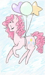 Size: 948x1581 | Tagged: safe, artist:abbykaskaya, pinkie pie, earth pony, pony, balloon, eyes closed, female, floating, mare, sky, smiling, solo, then watch her balloons lift her up to the sky