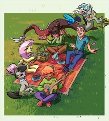 Size: 847x943 | Tagged: safe, artist:leavingcrow, derpibooru import, discord, fluttershy, octavia melody, draconequus, earth pony, human, pegasus, pony, guitar, musical instrument, picnic