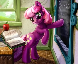 Size: 2000x1629 | Tagged: safe, artist:harwick, cheerilee, earth pony, pony, apple, bipedal, book, chalk, chalkboard, classroom, female, mare, mouth hold, ponyville schoolhouse, reading, school, solo, table, teaching, working, writing