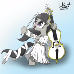 Size: 1600x1600 | Tagged: safe, artist:livehotsun, octavia melody, earth pony, pony, alternate hairstyle, bipedal, bow (instrument), cello, clothes, cute, dress, female, gradient background, hoof hold, mare, musical instrument, open mouth, redraw, ribbon, solo, tavibetes