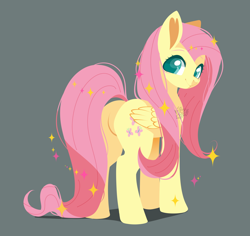 Size: 1500x1415 | Tagged: safe, artist:snow angel, fluttershy, pegasus, pony, colored pupils, cute, featureless crotch, female, gray background, looking at you, looking back, looking back at you, mare, plot, rear view, shyabetes, simple background, smiling, solo, sparkles