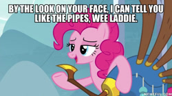 Size: 600x337 | Tagged: safe, edit, edited screencap, screencap, pinkie pie, pony, yakity-sax, caption, image macro, meme, samurai jack, text, the scotsman, yovidaphone