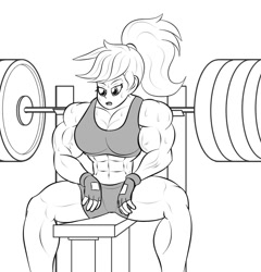 Size: 854x890 | Tagged: safe, artist:matchstickman, applejack, human, applejacked, applerack, barbell, bench press, biceps, breasts, clothes, compression shorts, fingerless gloves, gloves, humanized, muscles, muscular female, sweat, tanktop, workout