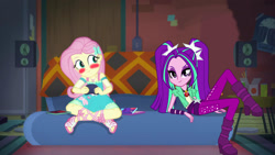 Size: 1920x1080 | Tagged: safe, artist:bigpurplemuppet99, artist:mit-boy, edit, edited screencap, screencap, aria blaze, fluttershy, better together, equestria girls, game stream, ariashy, blushing, female, flutterblaze, lesbian, shipping