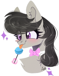 Size: 789x1013 | Tagged: safe, artist:lazuli, octavia melody, earth pony, pony, blushing, bowtie, bust, candy, chest fluff, cute, ear fluff, eye clipping through hair, eyebrows visible through hair, female, food, licking, lollipop, mare, portrait, simple background, solo, tavibetes, tongue out, transparent background