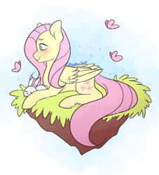 Size: 1280x1408 | Tagged: safe, artist:lozydrawsstuff, fluttershy, butterfly, pegasus, pony, rabbit, blushing, deviantart watermark, female, floating island, folded wings, grass, looking at something, mare, obtrusive watermark, profile, prone, smiling, solo, watermark, wings