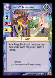 Size: 344x480 | Tagged: safe, discord, fluttershy, pegasus, pony, discordant harmony, ccg, clothes, dress, enterplay, food, friends forever (enterplay), merchandise, table, tea