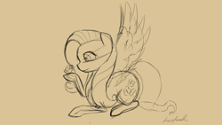 Size: 1920x1080 | Tagged: safe, artist:fuzzyhead12, fluttershy, bird, pegasus, pony, female, hoof hold, looking at something, mare, monochrome, profile, prone, sketch, smiling, solo, spread wings, wings