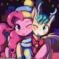 Size: 750x750 | Tagged: safe, artist:lumineko, alice the reindeer, pinkie pie, deer, earth pony, pony, reindeer, best gift ever, :p, adoralice, clothes, cute, diapinkes, female, hug, mare, scarf, silly, smiling, tongue out