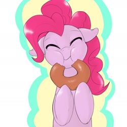 Size: 1536x1536 | Tagged: safe, artist:kurogewapony, pinkie pie, earth pony, pony, bagel, bread, cute, diapinkes, donut, eating, eyes closed, female, floppy ears, food, happy, mare, munching, pixiv, smiling, solo