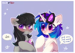 Size: 1818x1290 | Tagged: safe, artist:alkit_is_not_me, artist:mirtash, dj pon-3, octavia melody, vinyl scratch, earth pony, pony, unicorn, collaboration, blatant lies, blushing, chest fluff, cute, dialogue, ear fluff, female, implied kissing, lesbian, mare, nervous, scratchtavia, shipping, speech bubble, sweat, tavibetes, vinylbetes