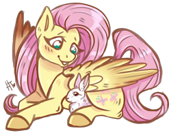 Size: 1280x1016 | Tagged: safe, artist:hannahtailz, angel bunny, fluttershy, pegasus, pony, rabbit, blushing, colored hooves, covering, duo, female, looking at something, looking down, mare, prone, simple background, smiling, transparent background, wing covering, wings