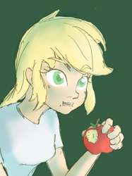 Size: 1535x2048 | Tagged: safe, artist:noupu, applejack, equestria girls, apple, blonde, clothes, eating, female, food, hatless, missing accessory, shirt, simple background, solo, that pony sure does love apples