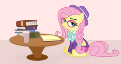 Size: 4096x2160 | Tagged: safe, artist:mazli, fluttershy, pegasus, pony, alternate hairstyle, book, clothes, coffee, glasses, hat, hipstershy, looking at you, scarf, sitting, solo, vector