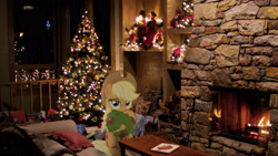 Size: 3840x2160 | Tagged: artist needed, safe, edit, applejack, christmas, christmas lights, christmas stocking, christmas tree, female, fireplace, hearth's warming eve, holiday, irl, photo, photoshop, tree