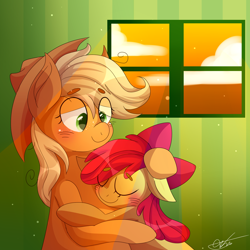 Size: 1500x1500 | Tagged: safe, artist:dddreamdraw, apple bloom, applejack, earth pony, pony, blushing, cute, duo, embrace, eyes closed, family, female, floppy ears, hand on head, hug, indoors, lidded eyes, pleased, satisfied, sisters, smiling