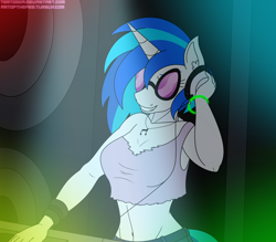 Size: 1600x1400 | Tagged: safe, artist:tertonda, dj pon-3, vinyl scratch, anthro, unicorn, belly button, belt, clothes, cutie mark necklace, ear fluff, female, glasses, glowstick, grin, headphones, jewelry, mare, midriff, necklace, smiling, solo, speakers, sunglasses, turntable