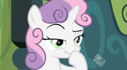 Size: 853x471 | Tagged: safe, screencap, sweetie belle, unicorn, family appreciation day, devious, foreshadowing, grin, hub logo, lidded eyes, raised eyebrow, scheming belle, smiling, smirk, solo