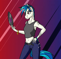 Size: 3352x3256 | Tagged: safe, artist:akweer, dj pon-3, vinyl scratch, anthro, unicorn, armpits, belly button, clothes, female, hand on hip, lidded eyes, mare, pants, record, solo, tanktop