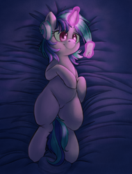 Size: 2167x2844 | Tagged: safe, artist:chromaskunk, artist:yoditax, dj pon-3, vinyl scratch, pony, unicorn, bed, cellphone, featureless crotch, female, glowing horn, headphones, iphone, lying, magic, mare, phone, pleased, smartphone, smiling, solo, telekinesis