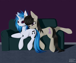 Size: 2700x2250 | Tagged: safe, artist:styroponyworks, dj pon-3, octavia melody, vinyl scratch, earth pony, pony, female, lesbian, scratchtavia, shipping, sofa