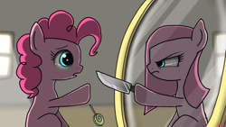 Size: 1920x1080 | Tagged: safe, artist:phoenixrk49, pinkie pie, earth pony, pony, candy, duality, eye contact, female, filly, food, frown, glare, hoof hold, knife, lollipop, looking at each other, mare, mirror, missing cutie mark, pinkamena diane pie, self ponidox, younger