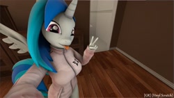 Size: 1920x1080 | Tagged: safe, artist:gr-vinyl-scratch, dj pon-3, vinyl scratch, alicorn, anthro, 3d, alicornified, bedroom, clothes, female, jacket, looking at you, peace sign, race swap, selfie, solo, source filmmaker, tongue out