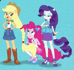Size: 543x514 | Tagged: safe, screencap, applejack, pinkie pie, rarity, better together, equestria girls, cropped, cute, grin, happy, intro, ponied up, smiling