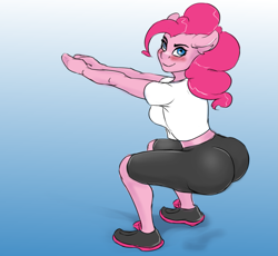 Size: 1429x1315 | Tagged: safe, artist:kittytitikitty, pinkie pie, anthro, ass, balloonbutt, blue background, blushing, looking at you, looking back, looking back at you, no tail, simple background, squatting