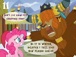 Size: 1024x768 | Tagged: safe, artist:bronybyexception, pinkie pie, prince rutherford, earth pony, pony, yak, advent calendar, christmas, cloven hooves, do they know it's christmas time, ear piercing, female, hat, holiday, horn ring, male, mare, piercing, santa hat, teary eyes, winter solstice, yakyakistan