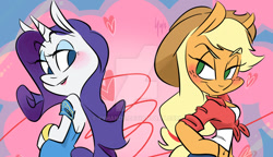 Size: 1024x591 | Tagged: safe, artist:yyhands, applejack, rarity, anthro, blushing, clothes, cowboy hat, cute, female, hat, heart, lesbian, looking at each other, rarijack, shipping