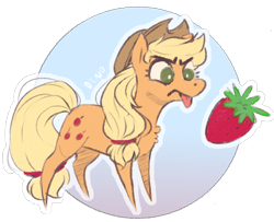 Size: 1074x874 | Tagged: safe, artist:dino_horse, applejack, earth pony, pony, angry, food, simple background, solo, strawberry, that pony sure does hate strawberries, tongue out, transparent background