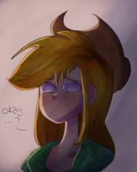 Size: 2520x3150 | Tagged: safe, artist:drawbauchery, artist:reijnders, color edit, edit, applejack, human, bust, colored, freckles, humanized, solo, text