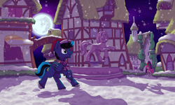 Size: 2880x1724 | Tagged: safe, artist:reptilianbirds, pinkie pie, oc, earth pony, pegasus, pony, christmas, clothes, duo, female, full moon, hat, holiday, male, mare, moon, night, night sky, ponyville, santa hat, scarf, sky, snow, stallion, statue, unshorn fetlocks, winter