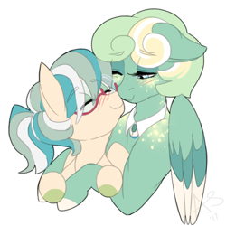 Size: 1000x1000 | Tagged: safe, artist:curiouskeys, oc, oc only, oc:gusty petals, oc:sweet mint, pegasus, pony, blushing, boop, cute, duo, female, glasses, hug, jewelry, mare, mother and child, mother and daughter, necklace, noseboop, ocbetes, parent and child, ponytail, simple background, white background