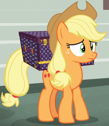 Size: 830x954 | Tagged: safe, screencap, applejack, earth pony, pony, made in manehattan, box, cropped, female, mare, scared, solo