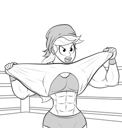 Size: 854x890 | Tagged: safe, artist:matchstickman, applejack, human, abs, applejacked, applerack, bandana, biceps, breasts, clothes, female, hulk hogan, humanized, looking at you, monochrome, muscles, shirt pull, shorts, simple background, solo, sports, tearing, torn clothes, white background, wrestling, wrestling ring