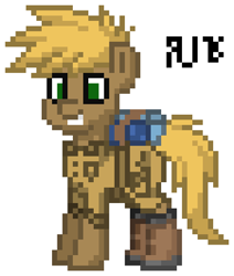 Size: 450x530 | Tagged: safe, artist:radical user 76, pony, blonde hair, boots, camping outfit, cargo shirt, cargo shorts, exploitable meme, green eyes, meme, pixel art, ponified, pony town, rucksack, simple background, sleeping bag, solo, steve irwhinny, white background