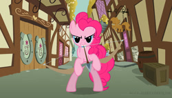 Size: 1280x725 | Tagged: safe, artist:silky-seams, pinkie pie, pony, >:d, arrow, bipedal, bow (weapon), bow and arrow, evil grin, grin, gritted teeth, mouth hold, smiling, smirk, solo, weapon