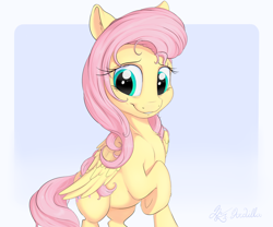 Size: 3000x2500 | Tagged: safe, artist:nobody47, fluttershy, pegasus, pony, cute, female, folded wings, high res, hooves to the chest, looking at you, mare, shyabetes, smiling, solo, stray strand, three quarter view, wings