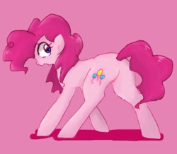 Size: 640x559 | Tagged: safe, artist:xp_r6, pinkie pie, earth pony, pony, cute, diapinkes, featureless crotch, female, looking back, mare, pink background, pixiv, simple background, solo