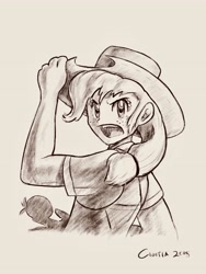 Size: 3072x4096 | Tagged: safe, artist:cigitia, applejack, human, clothes, commission, cowboy hat, freckles, hat, humanized, open mouth, pencil drawing, solo, stetson, traditional art