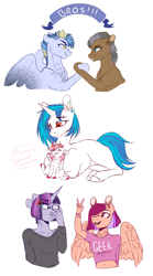 Size: 2219x4000 | Tagged: safe, artist:anyatrix, dj pon-3, vinyl scratch, oc, oc:dub remix, oc:fog frost, oc:rock sulphate, oc:starstreak, anthro, earth pony, pegasus, pony, unicorn, anthro with ponies, clothes, female, filly, glasses, magical lesbian spawn, male, mare, offspring, parent:flash sentry, parent:maud pie, parent:mud briar, parent:night glider, parent:rainbow dash, parent:tempest shadow, parent:twilight sparkle, parent:vinyl scratch, parents:flashlight, parents:maudbriar, parents:nightdash, parents:tempestlight, shirt, stallion, sweater