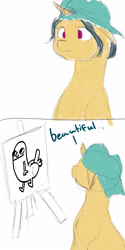 Size: 1080x2160 | Tagged: safe, artist:digital jester, fresh coat, pony, unicorn, 2 panel comic, 4chan, backwards ballcap, baseball cap, cap, comic, dialogue, dickbutt, drawthread, easel, hat, simple background, solo, white background