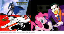 Size: 838x450 | Tagged: safe, pinkie pie, earth pony, pony, bad fanfic, batman, comic, crossover, fanfic, the joker, wat