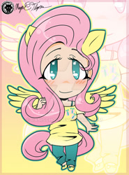 Size: 600x812 | Tagged: safe, artist:canischou, fluttershy, human, pegasus, pony, blushing, clothes, cute, deviantart, eared humanization, female, gijinka, humanized, looking at you, obtrusive watermark, shirt, shoes, shyabetes, smiling, solo, tailed humanization, watermark, winged humanization, wings