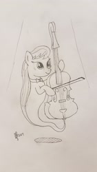 Size: 2268x4032 | Tagged: safe, artist:parclytaxel, octavia melody, earth pony, genie pony, pony, series:nightliner, cello, female, floating, genie, geniefied, lineart, mare, monochrome, musical instrument, patreon, pencil drawing, smiling, solo, spotlight, traditional art