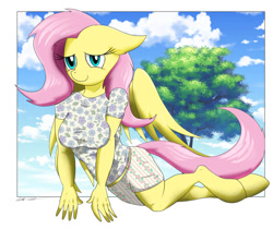 Size: 900x755 | Tagged: safe, artist:wolftendragon, fluttershy, anthro, pegasus, unguligrade anthro, adorasexy, breasts, clothes, cute, female, hootershy, mare, sexy, shirt, shorts, shyabetes, smiling, solo