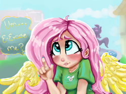 Size: 1280x960 | Tagged: safe, artist:wimsie, fluttershy, human, clothes, humanized, nail polish, shirt, solo, winged humanization, wings