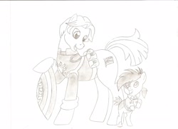 Size: 2328x1690 | Tagged: safe, artist:jmkplover, pipsqueak, bucky barnes, captain america, marvel, parody, ponified, traditional art